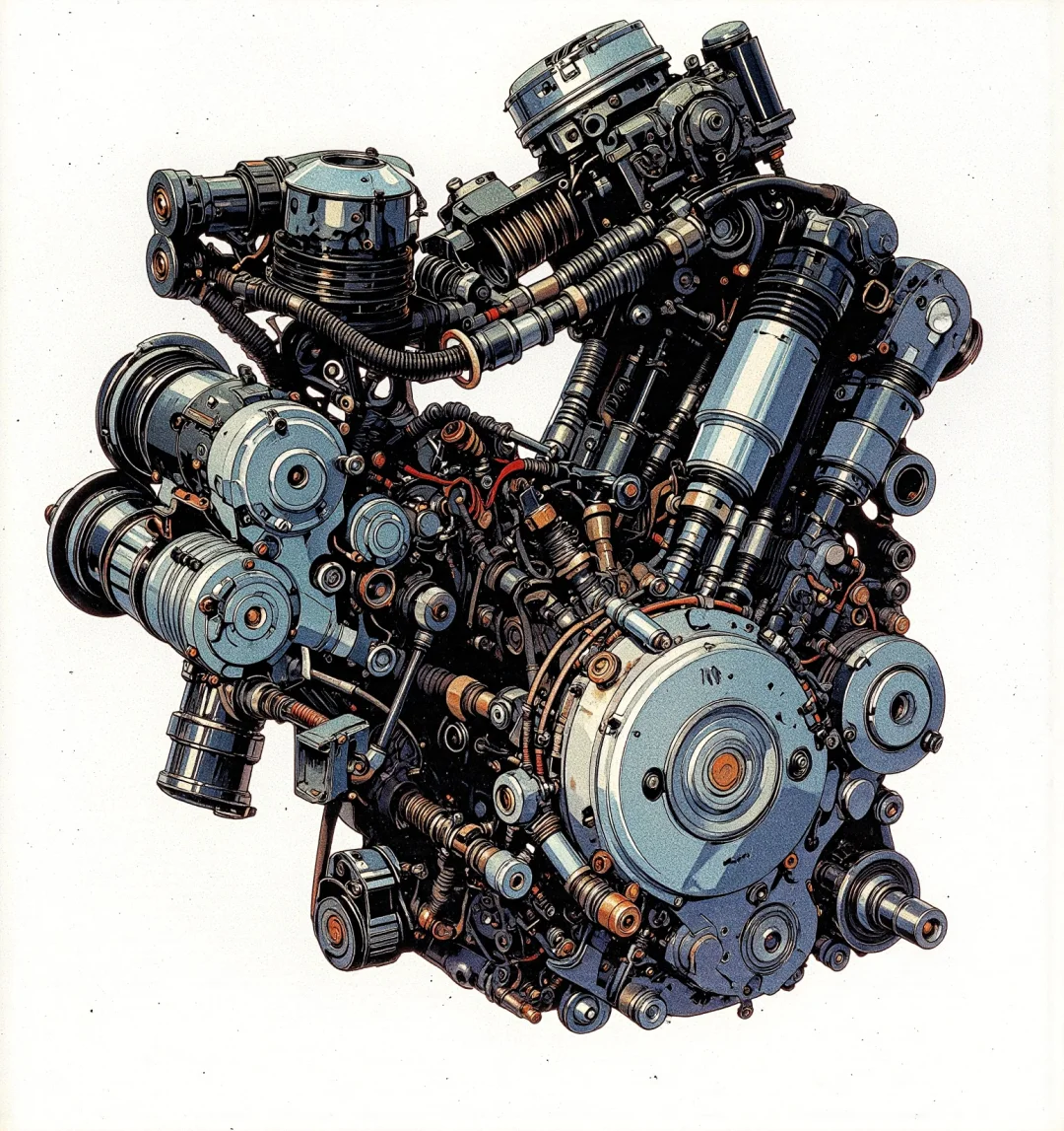 aigc复古未来50 机械之美，本田发动机