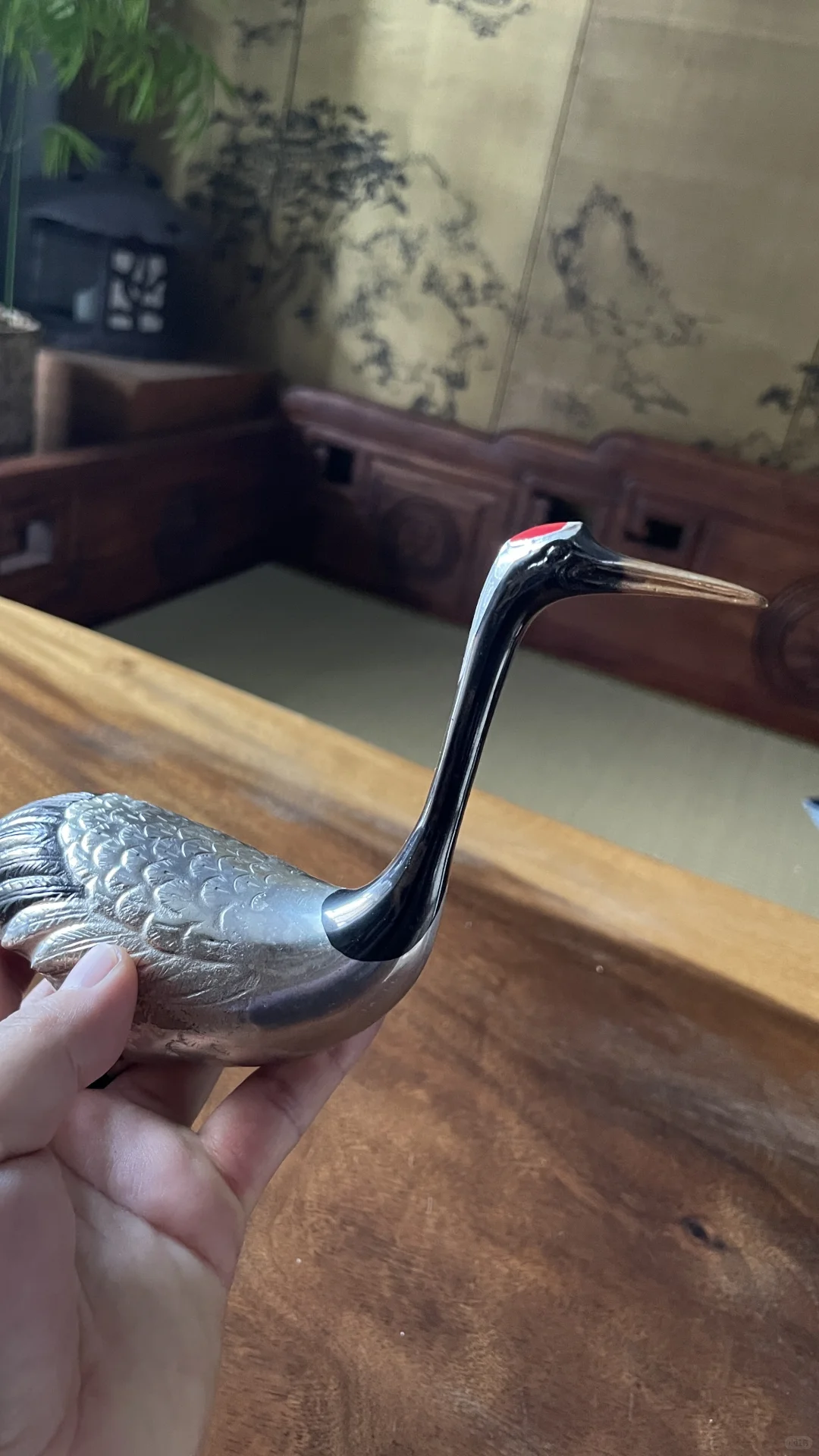 日本小铜仙鹤摆件一对铜镀银描金纯手工打造