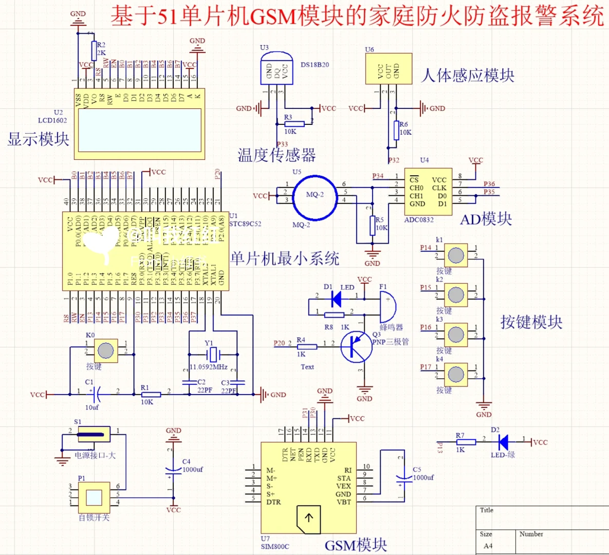 基于51单片机GSM模块的家庭防火防盗报警系统