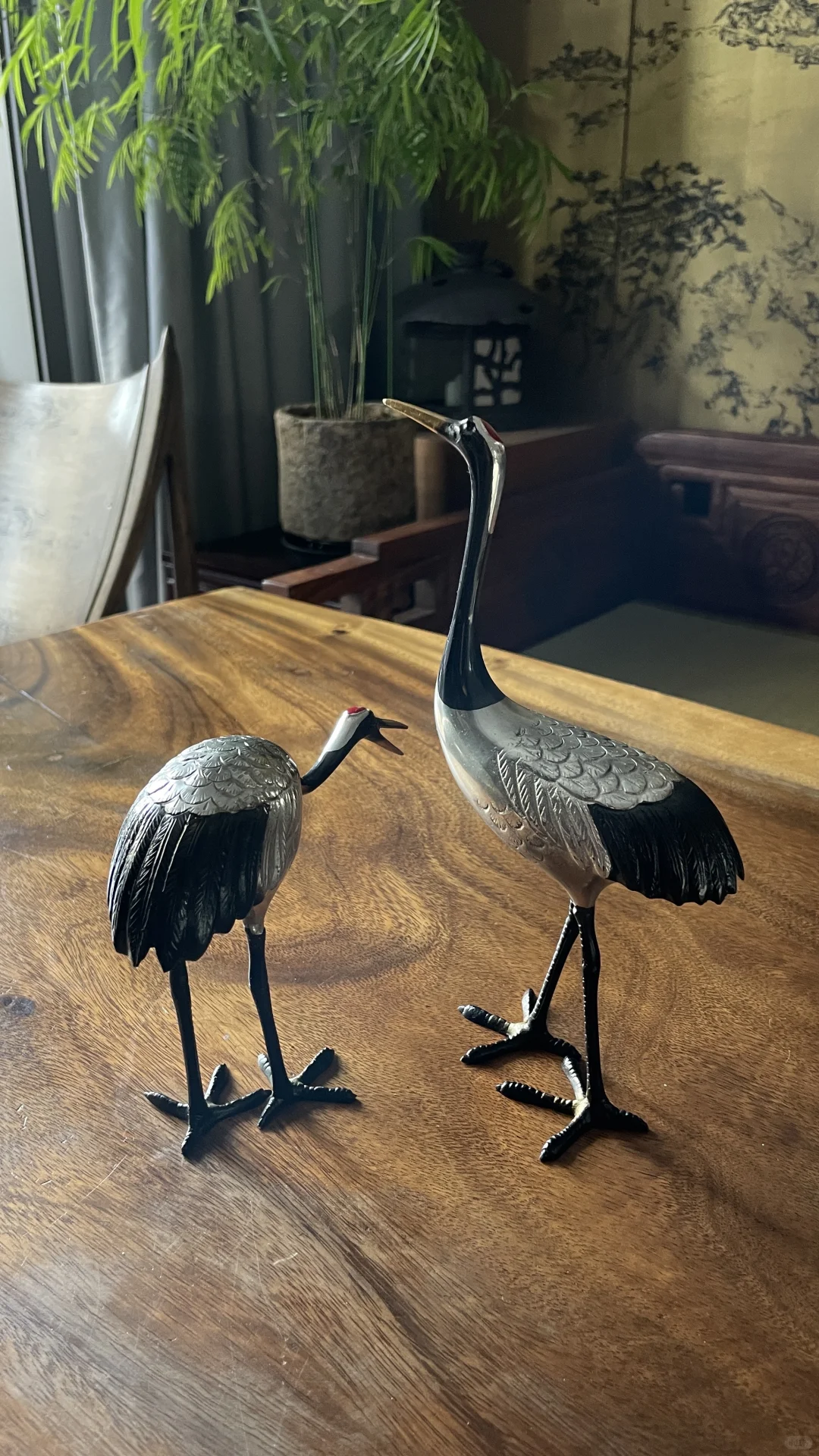 日本小铜仙鹤摆件一对铜镀银描金纯手工打造