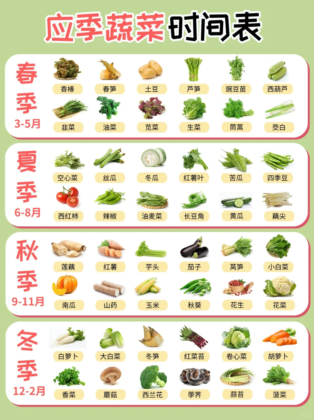 应季蔬菜时间表和蔬菜的营养价值！记得收藏