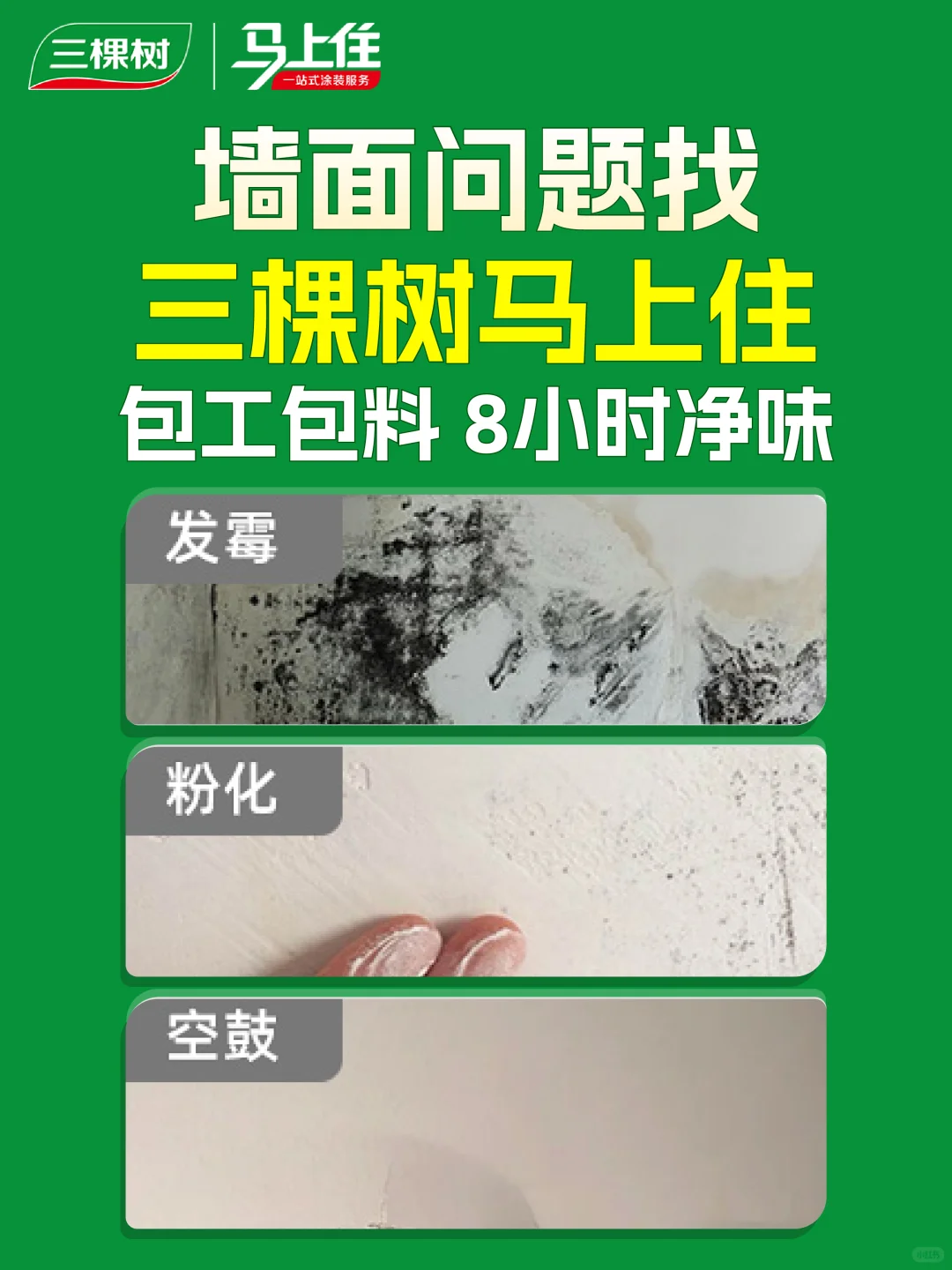 墙面问题就找三棵树马上住，8小时净味❗