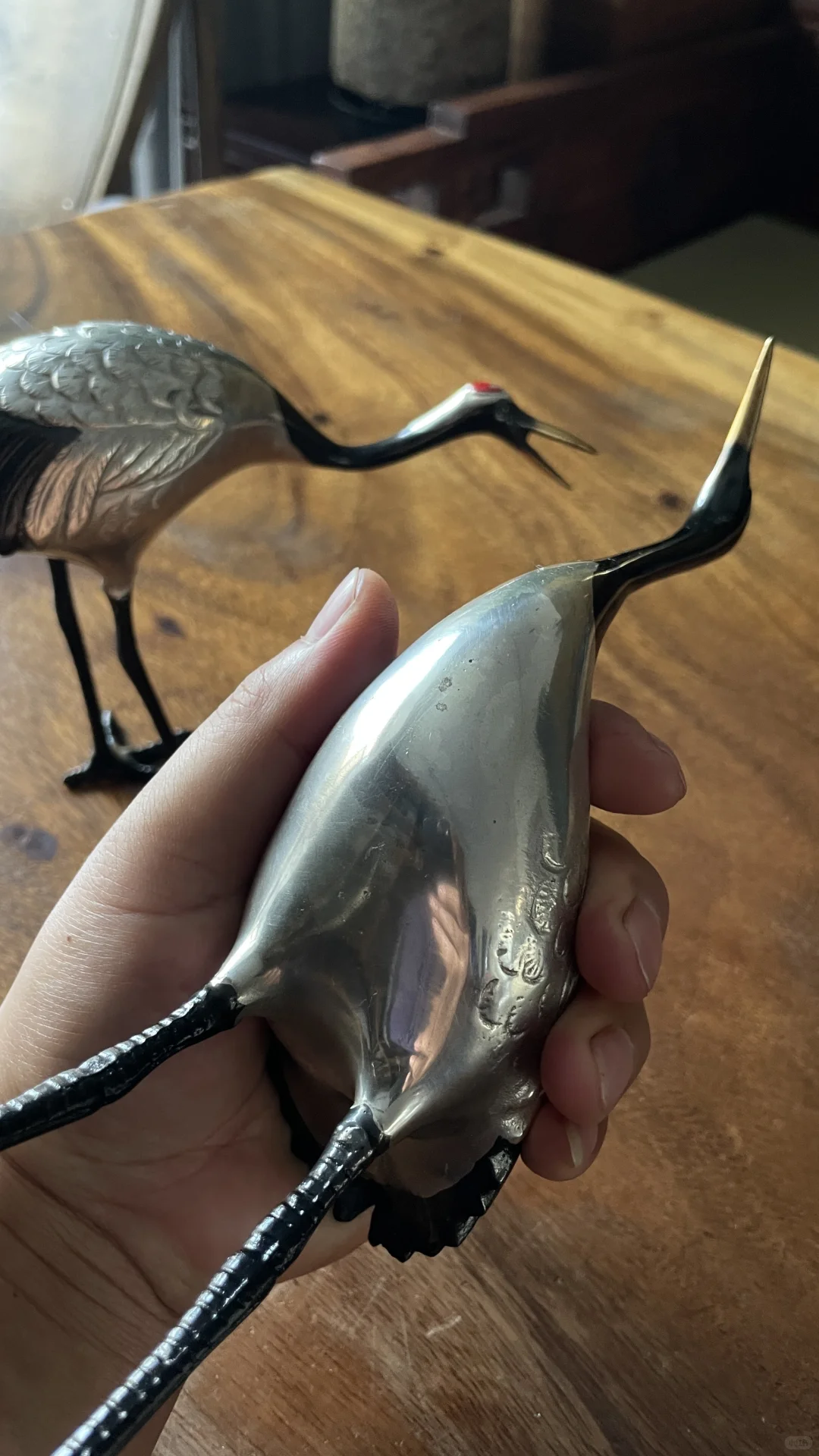 日本小铜仙鹤摆件一对铜镀银描金纯手工打造