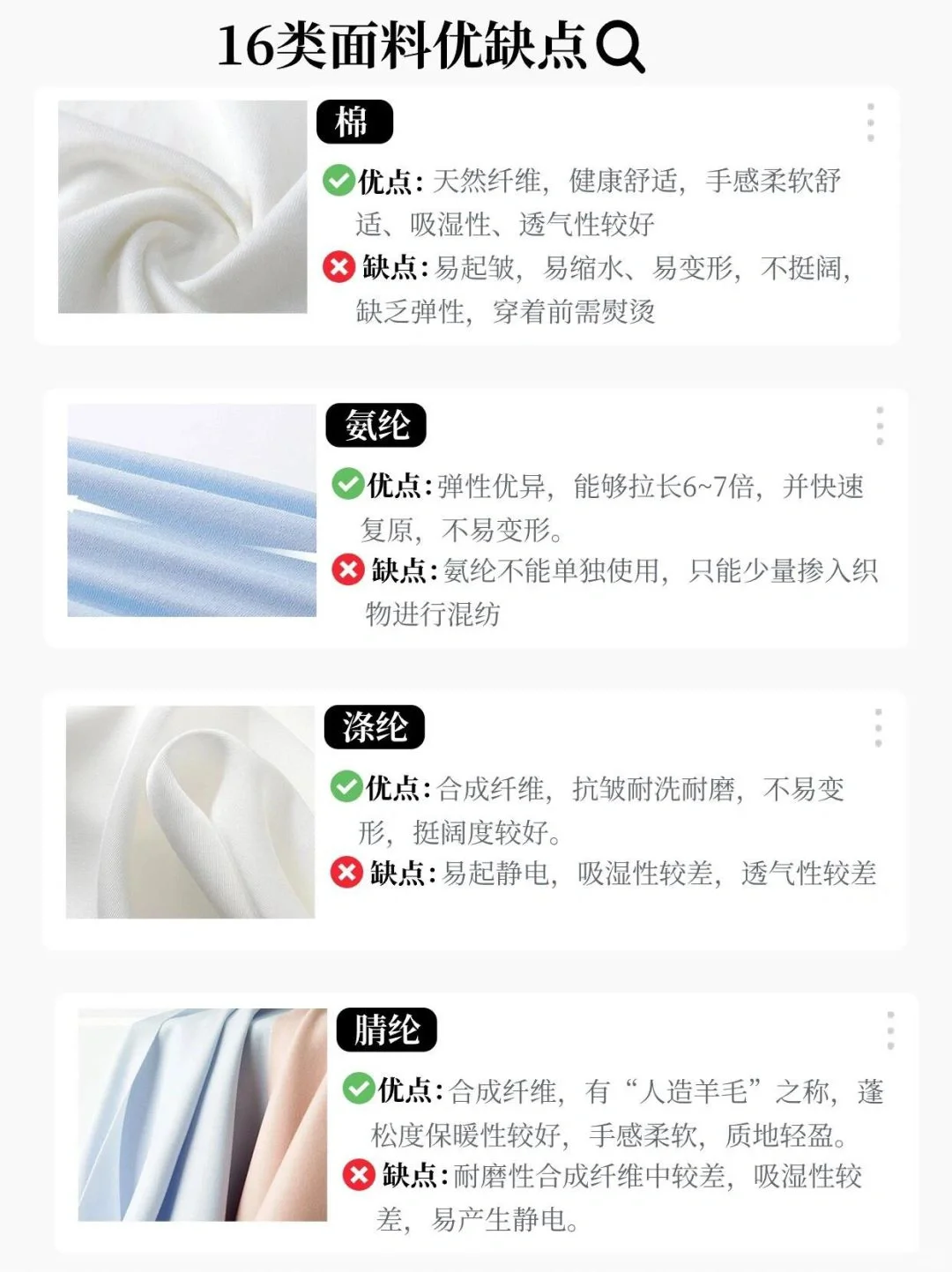 面料大全116种面料优缺点 精简总结！！