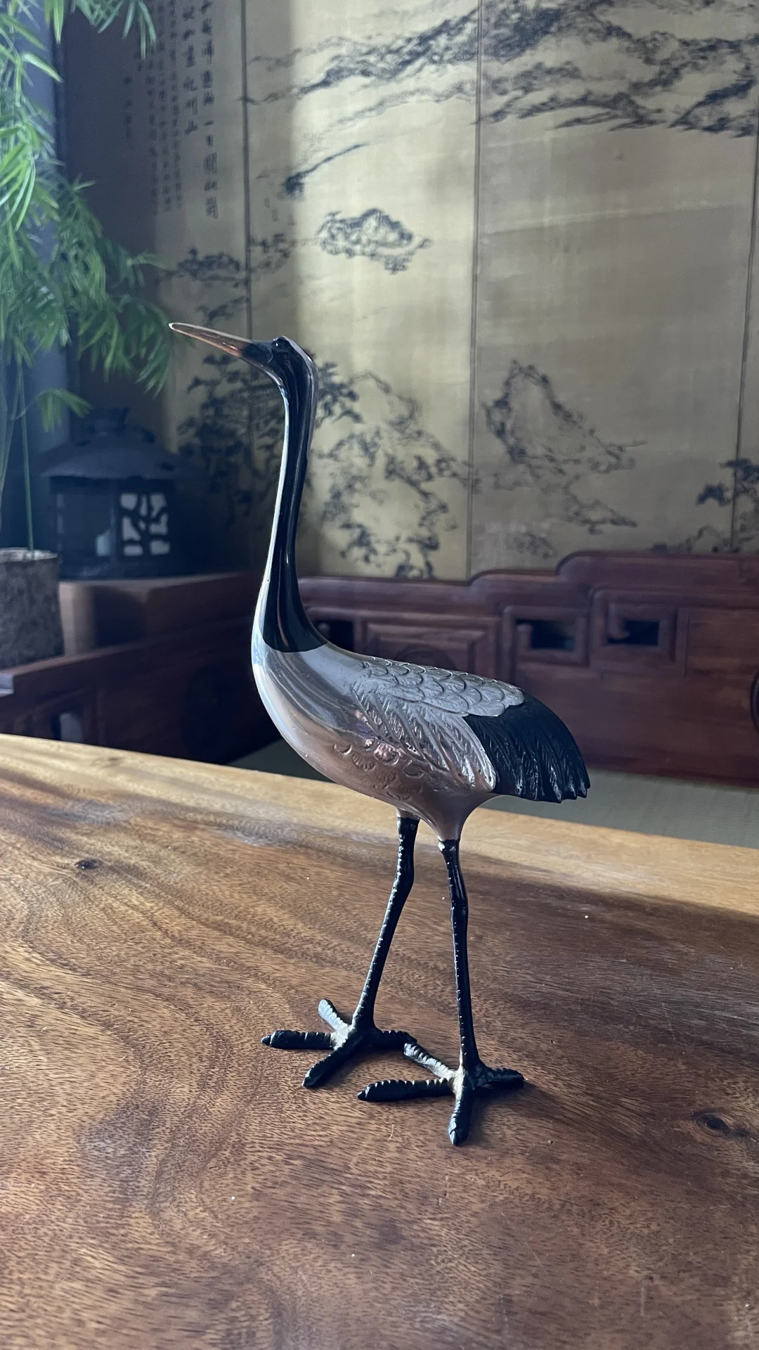 日本小铜仙鹤摆件一对铜镀银描金纯手工打造