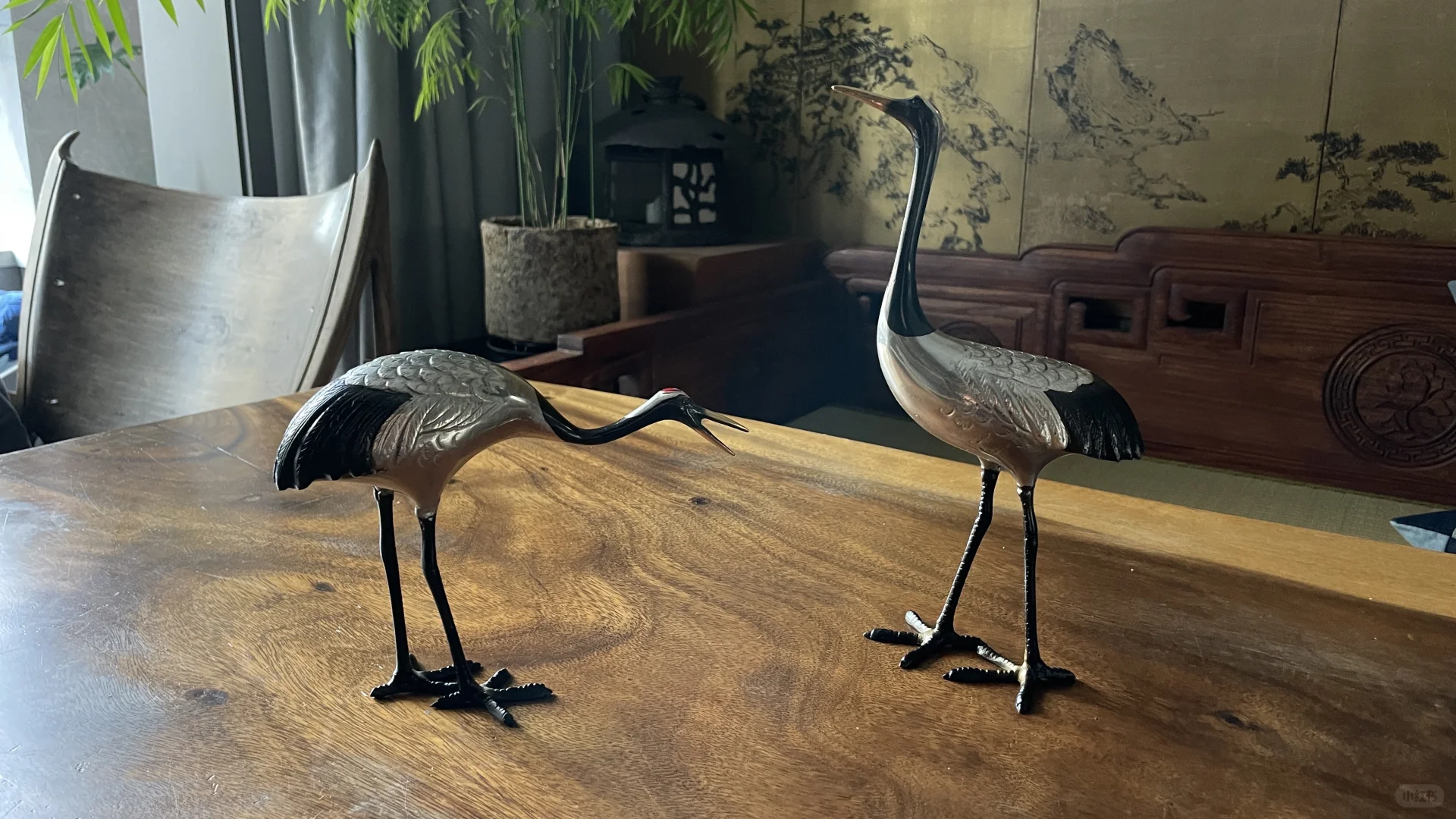 日本小铜仙鹤摆件一对铜镀银描金纯手工打造