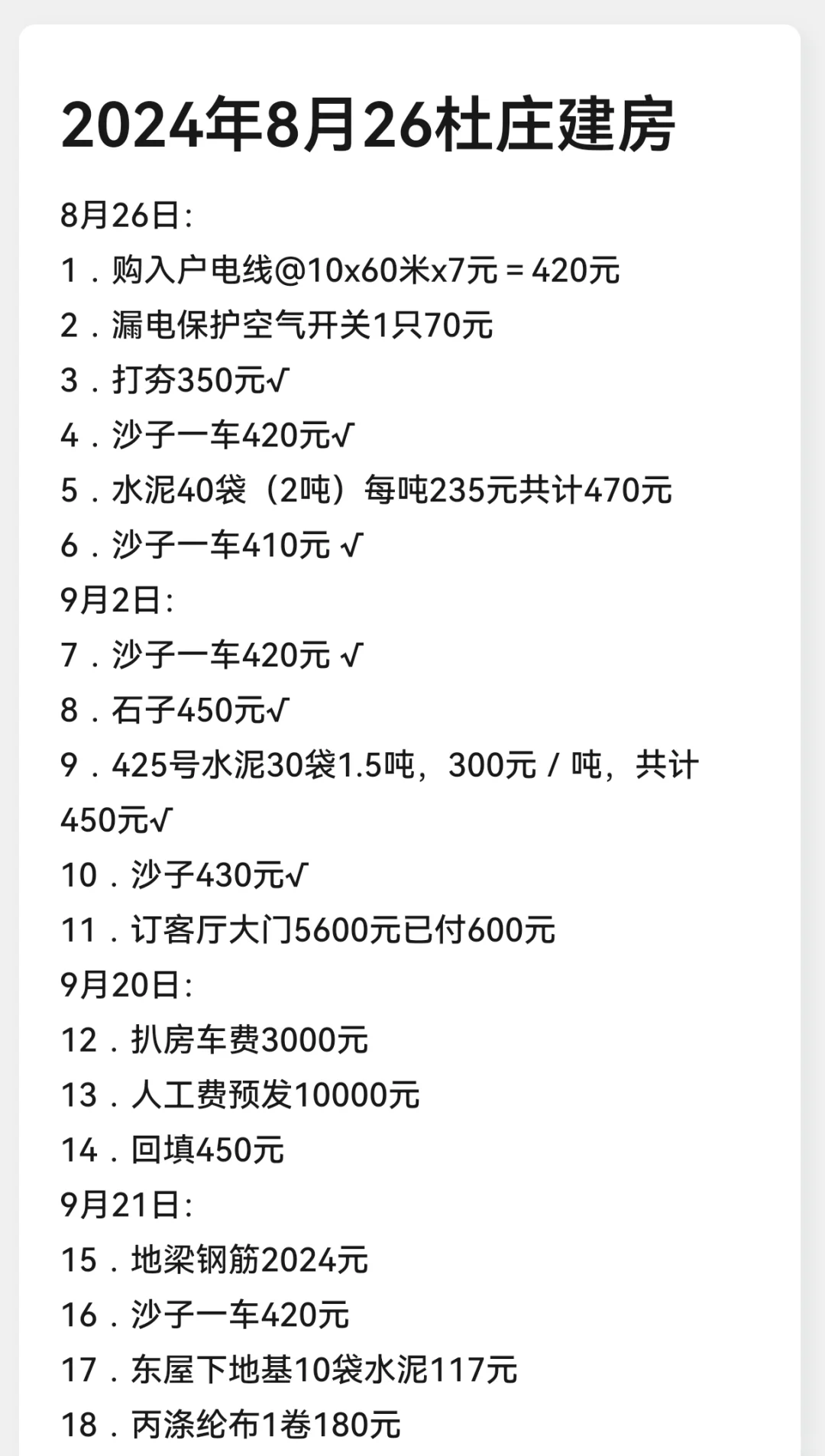 农村自建房，费用清单来啦！