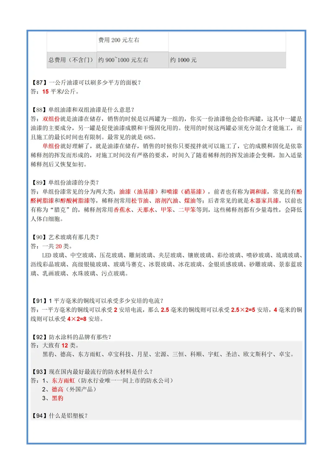 装修常用数据-装修业主的指南