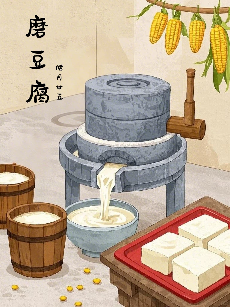 磨盘转动 年俗传统磨豆腐插画素材