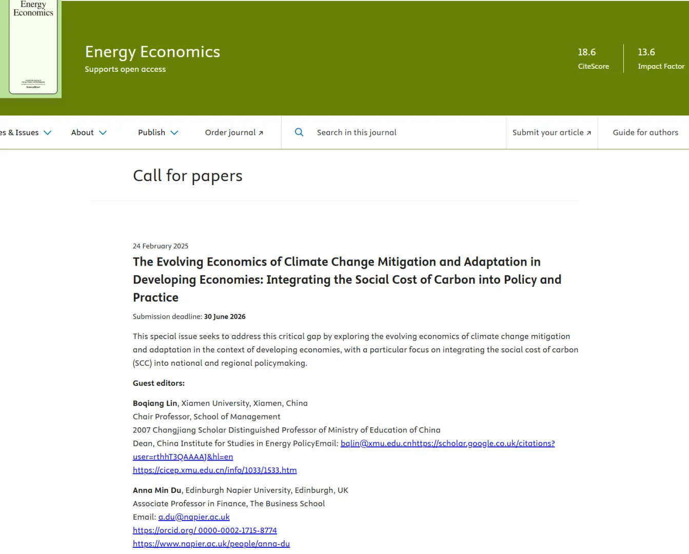 能源经济top征稿：气候风险+碳的社会成本