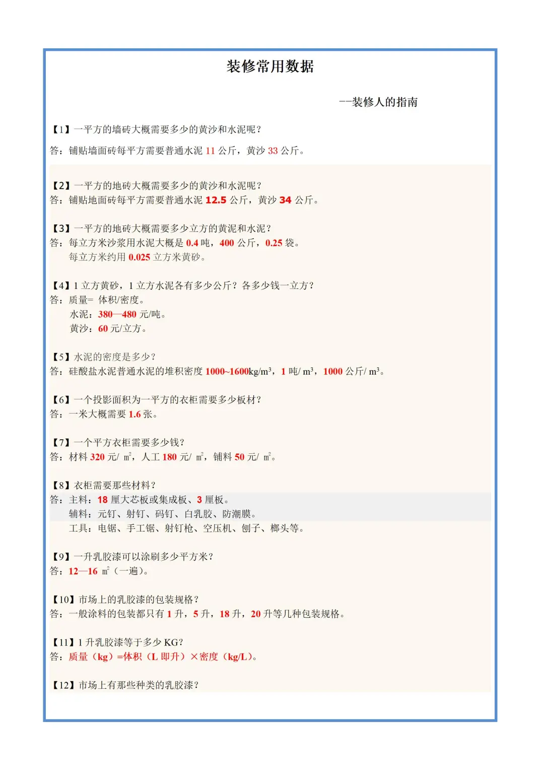 装修常用数据-装修业主的指南