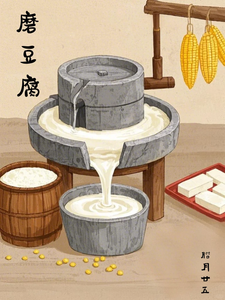 磨盘转动 年俗传统磨豆腐插画素材