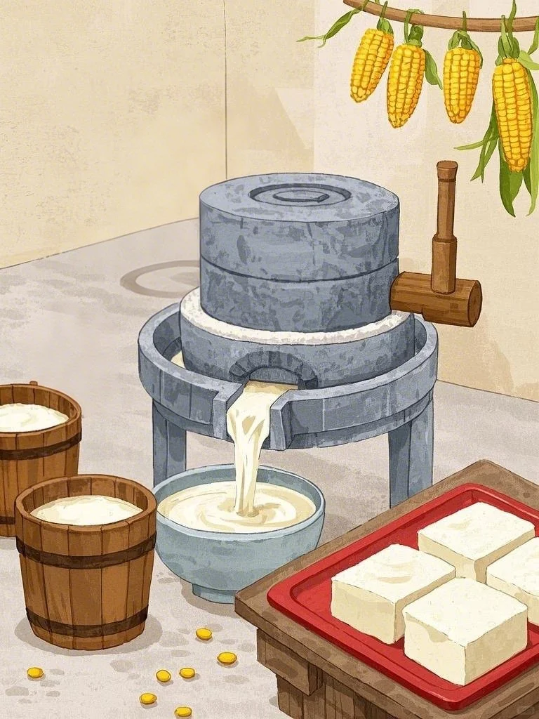 磨盘转动 年俗传统磨豆腐插画素材