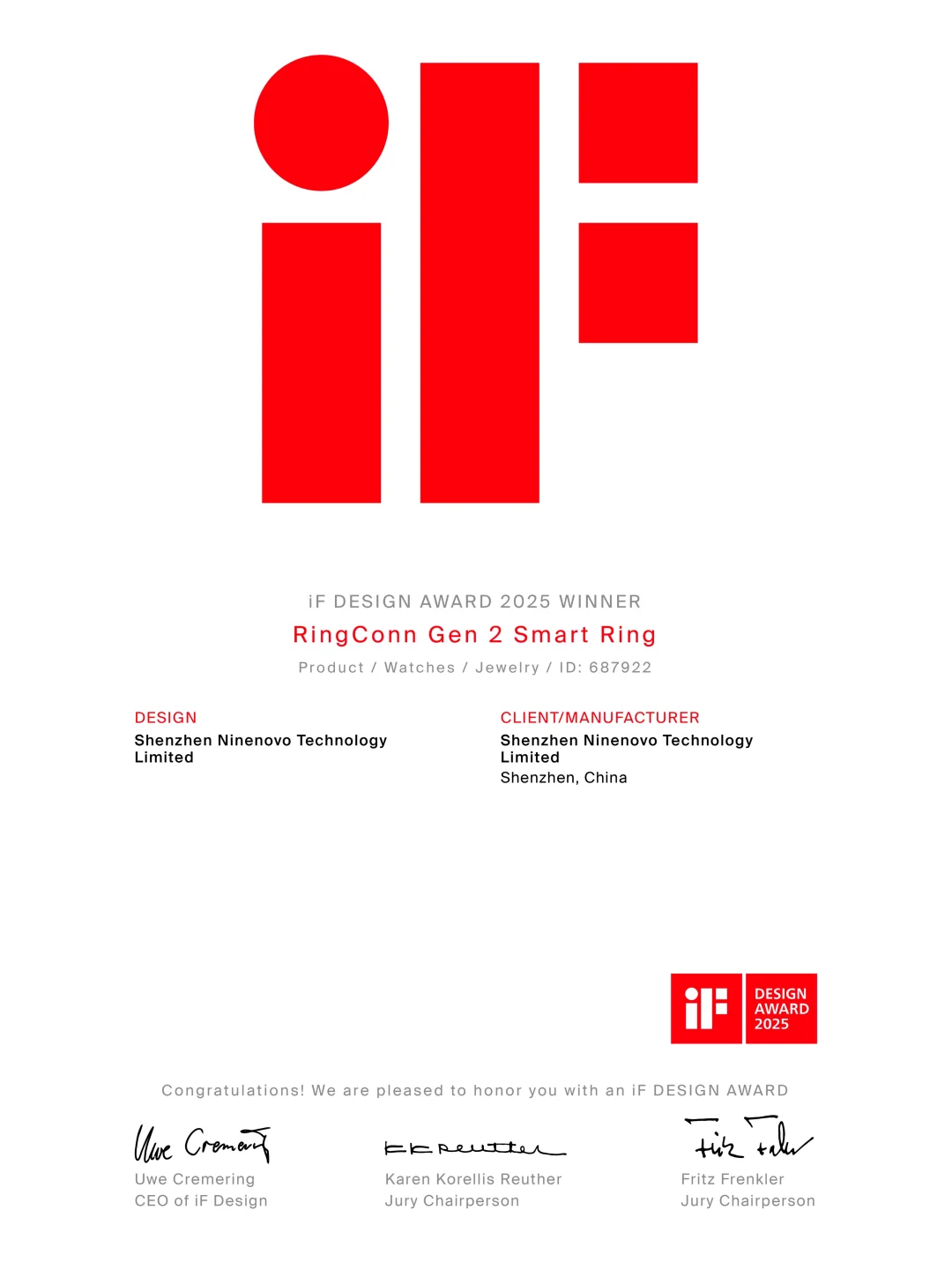 RingConn 再次斩获2025 iF Design Award