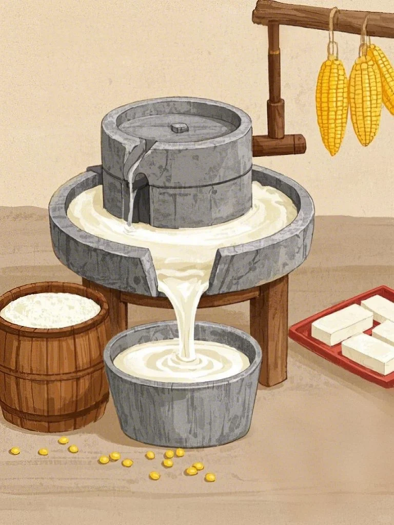 磨盘转动 年俗传统磨豆腐插画素材