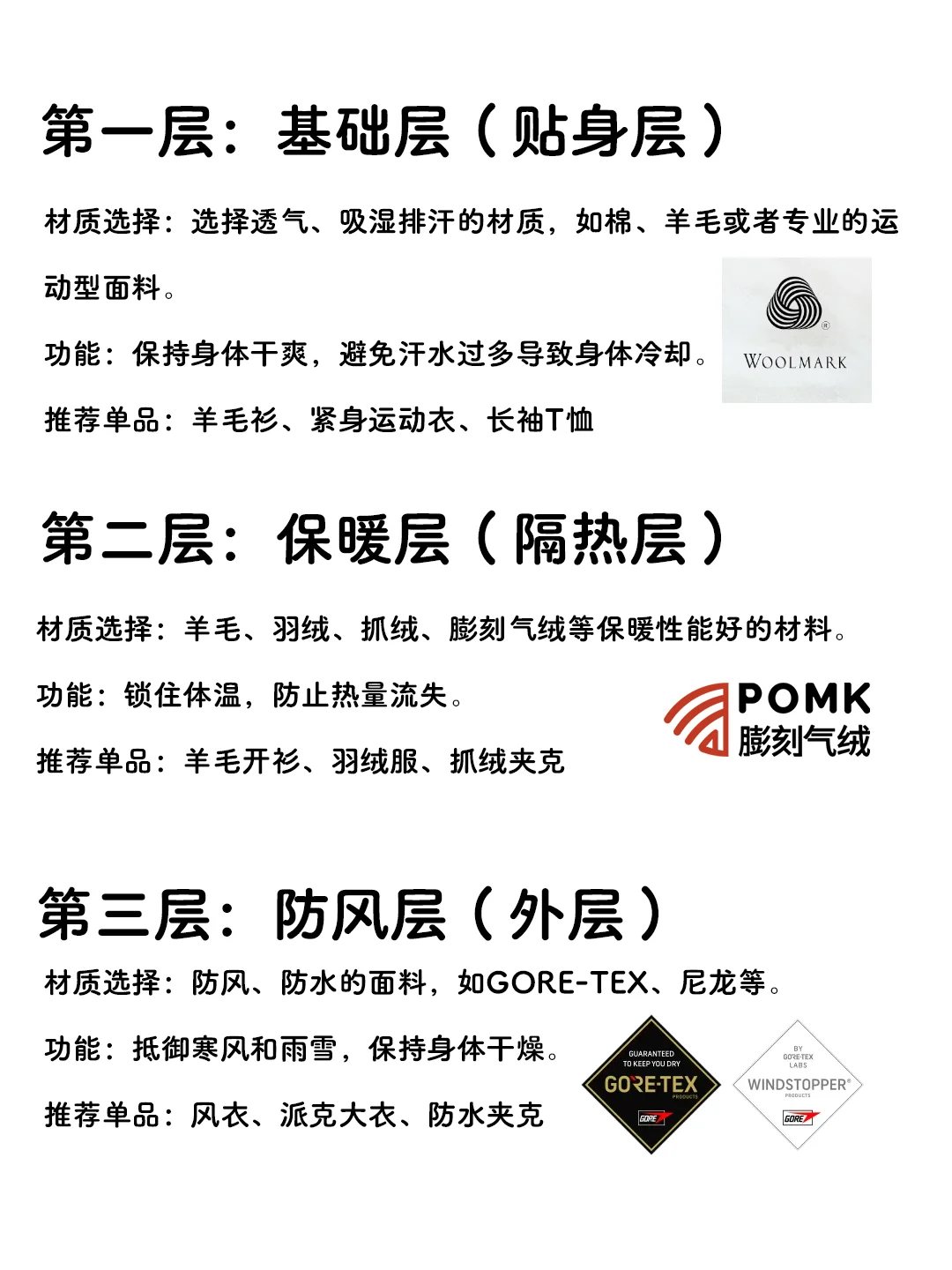 一张图简单说说- 户外三层穿衣材料选择