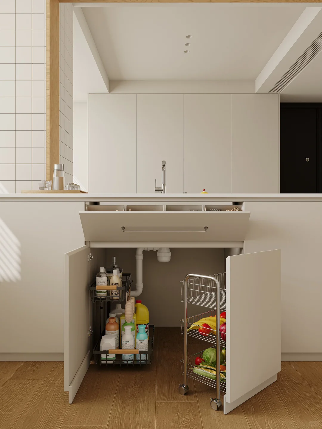 水槽下空间改造｜翻斗柜➕隐藏推车收纳力拉?