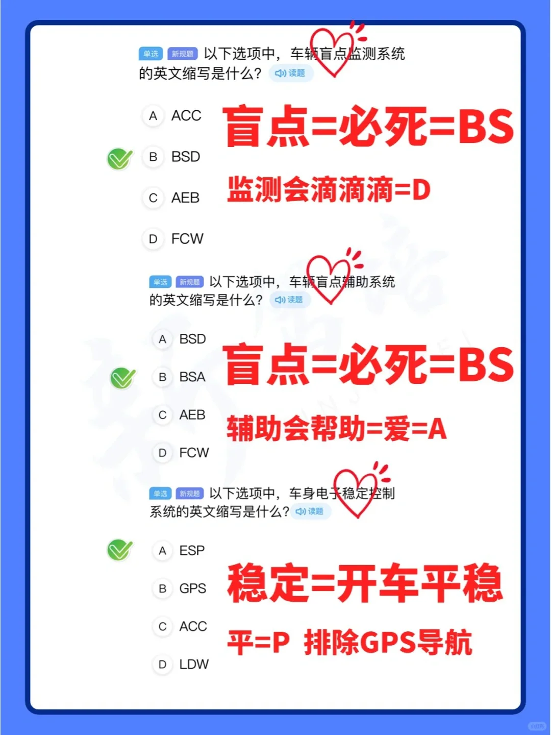 科目一最难记的英文缩写题，?住这篇就?了