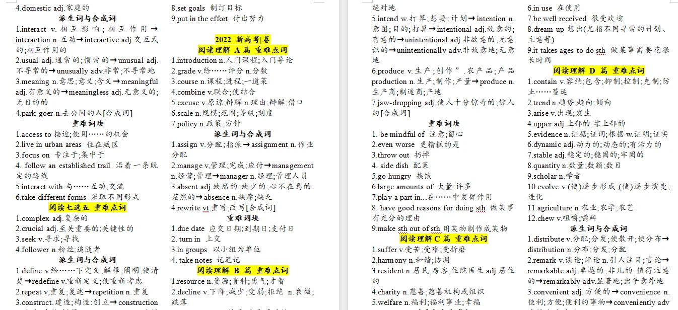 高考阅读理解重难点单词打印➕默写版