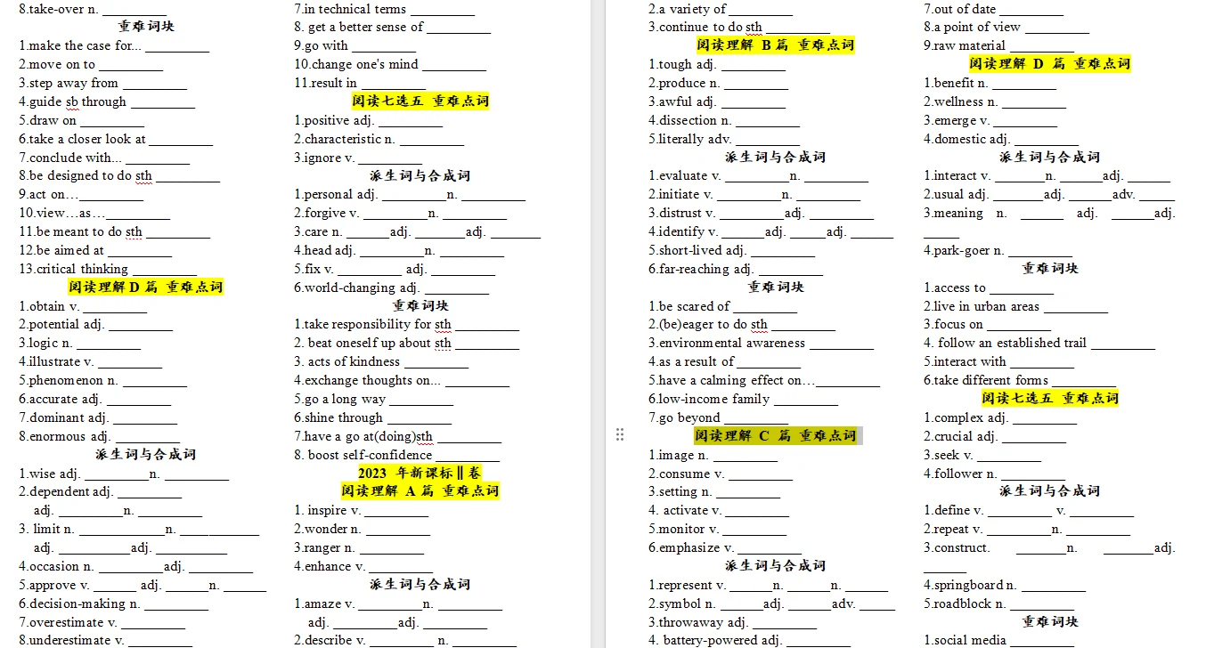 高考阅读理解重难点单词打印➕默写版