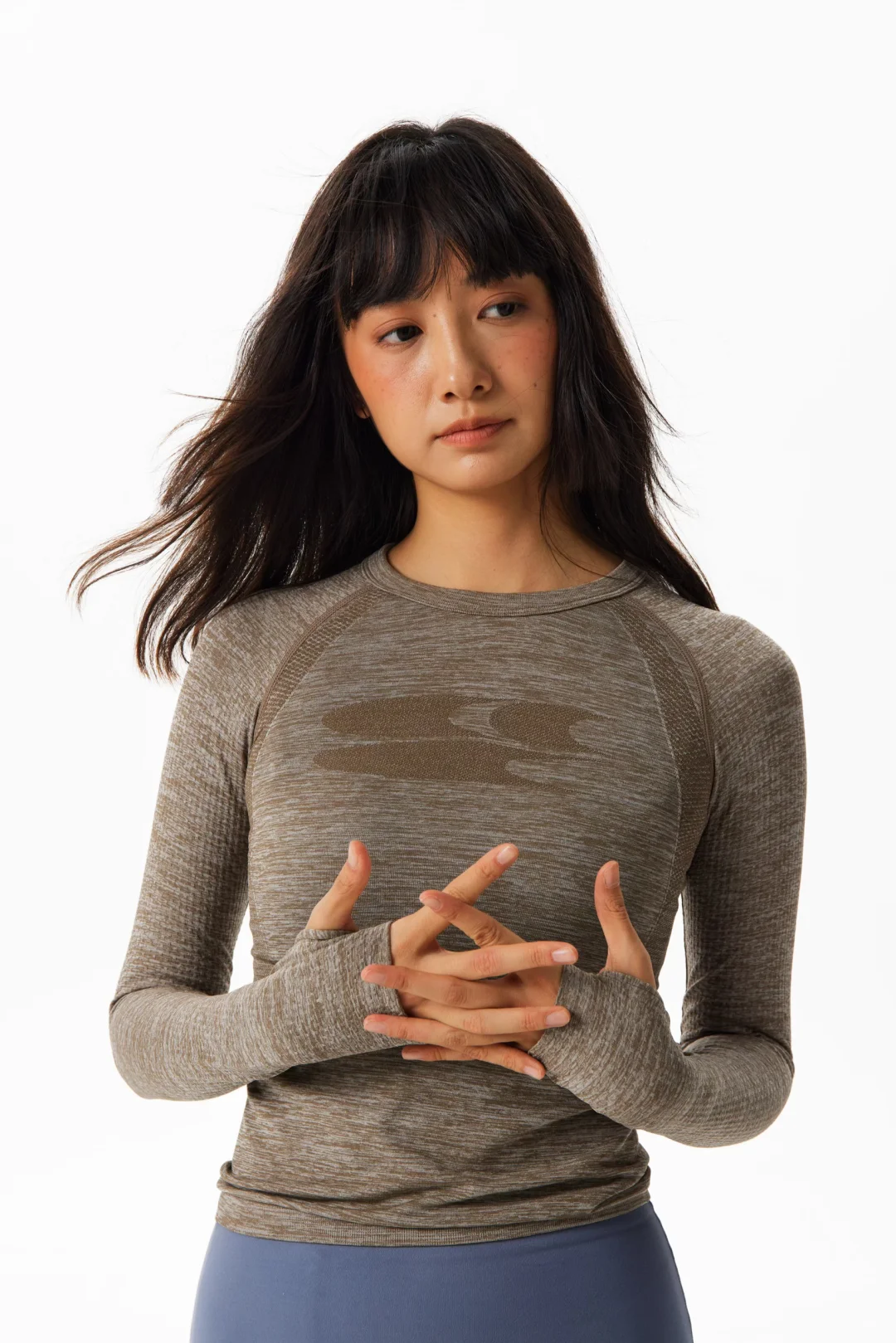 花纱肌理分割修身运动长袖