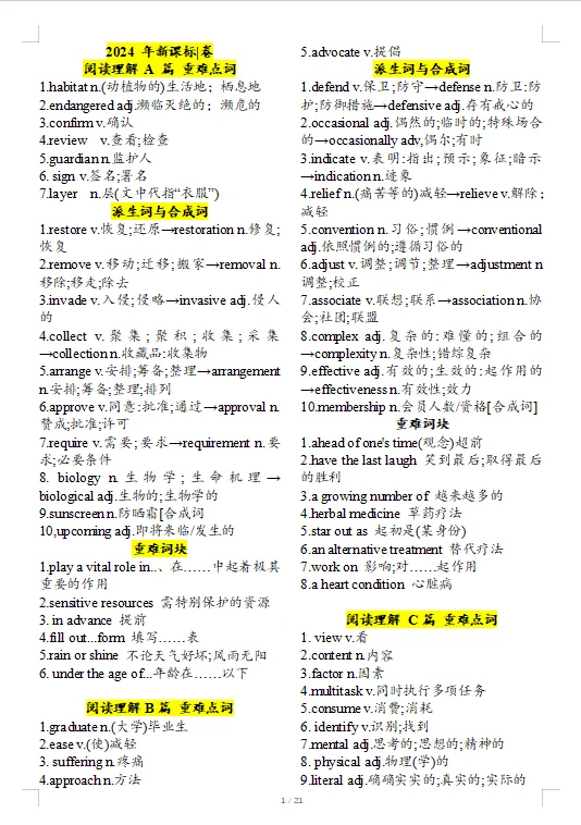 高考阅读理解重难点单词打印➕默写版