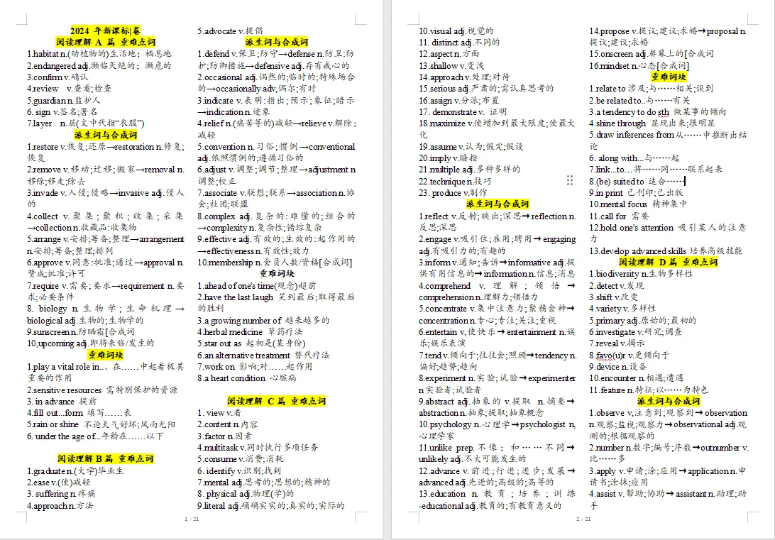 高考阅读理解重难点单词打印➕默写版