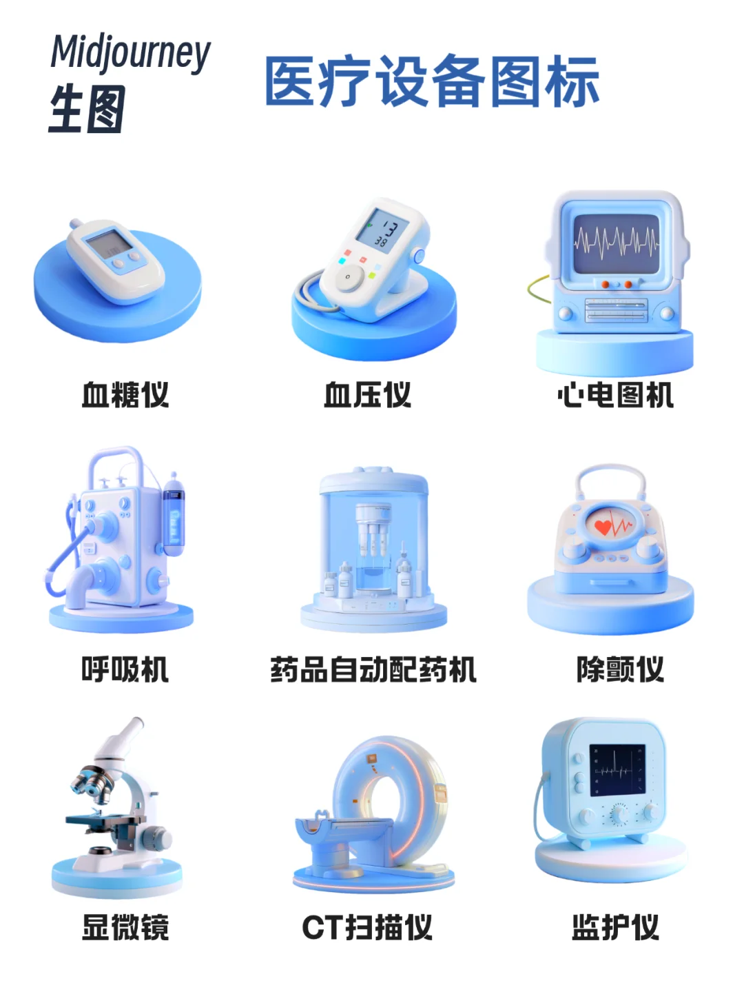 Midjourney B端医疗设备图标，命令生图