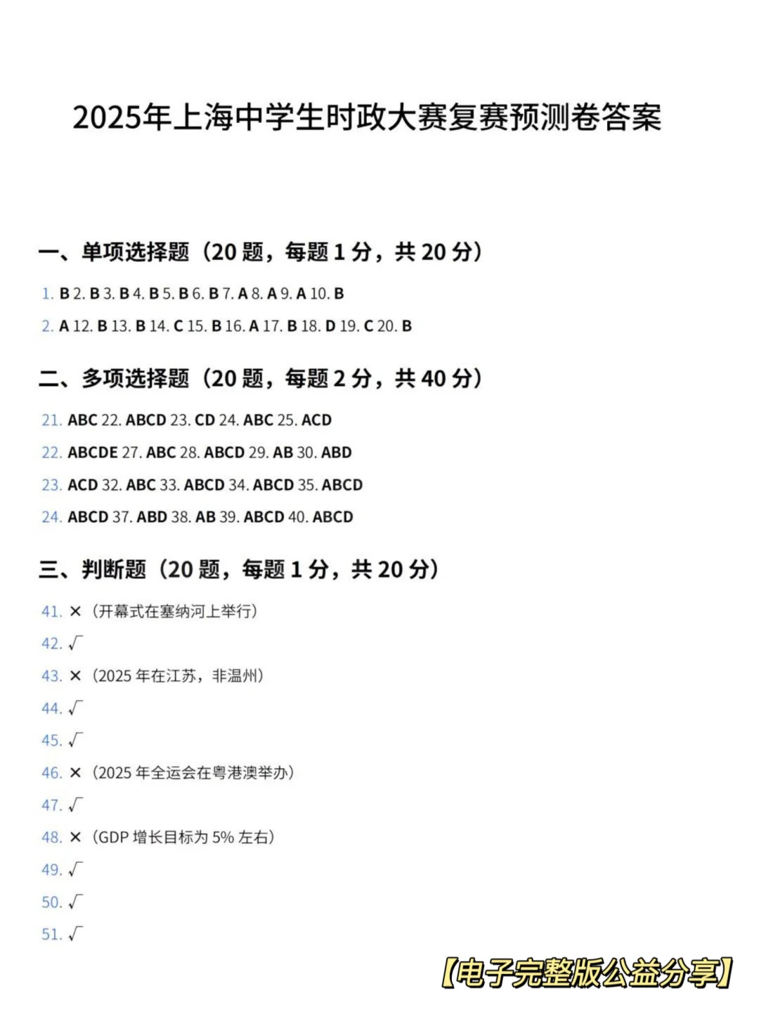 上海初中生时政大赛复赛预测卷（附答案）