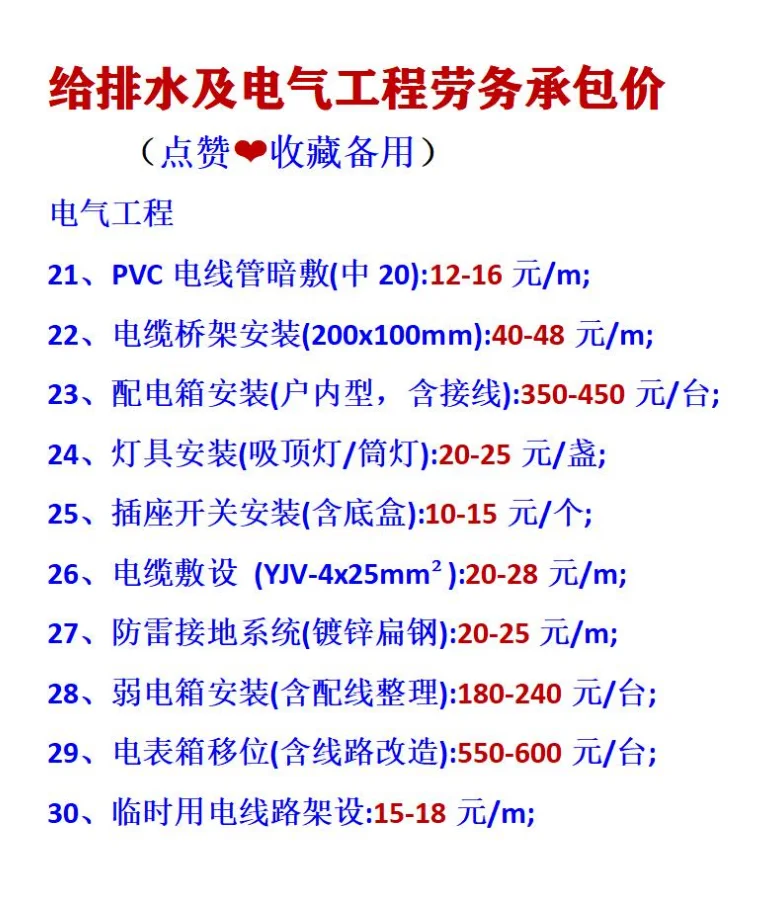 给排水工程电气工程劳务报价参考