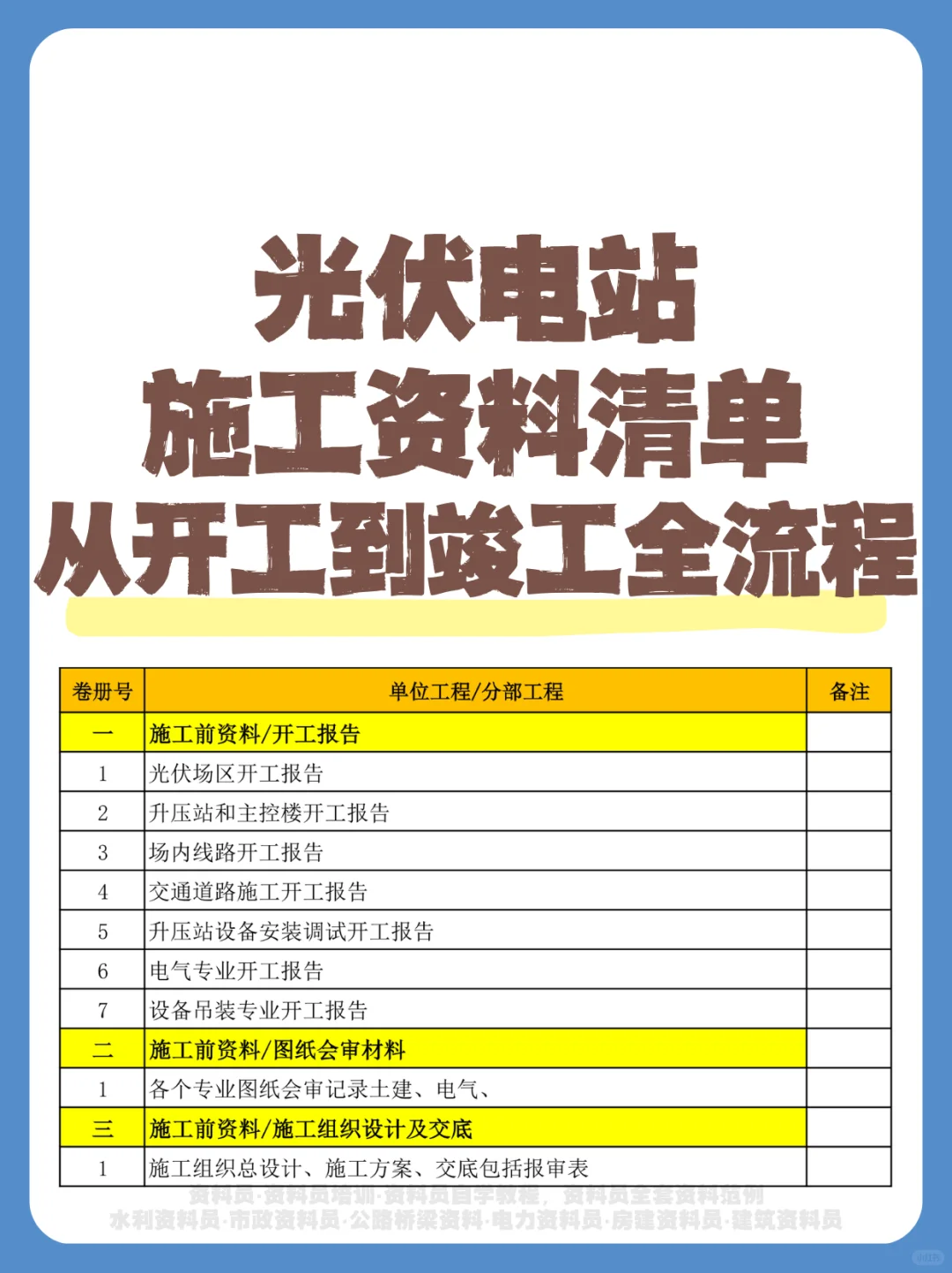 光伏工施工资料清单+范例，从开工到竣工全