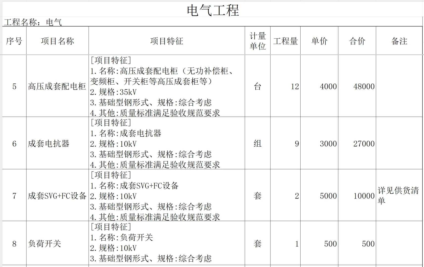 某钢铁厂电气安装工程报价清单