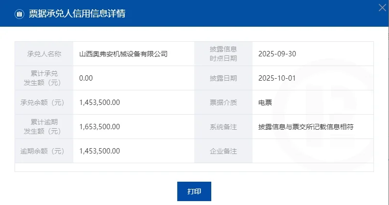 山西奥弗安机械设备有限公司商票逾期
