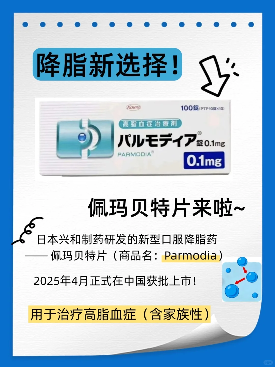 降脂药物新成员：佩玛贝特片（Parmodia®）