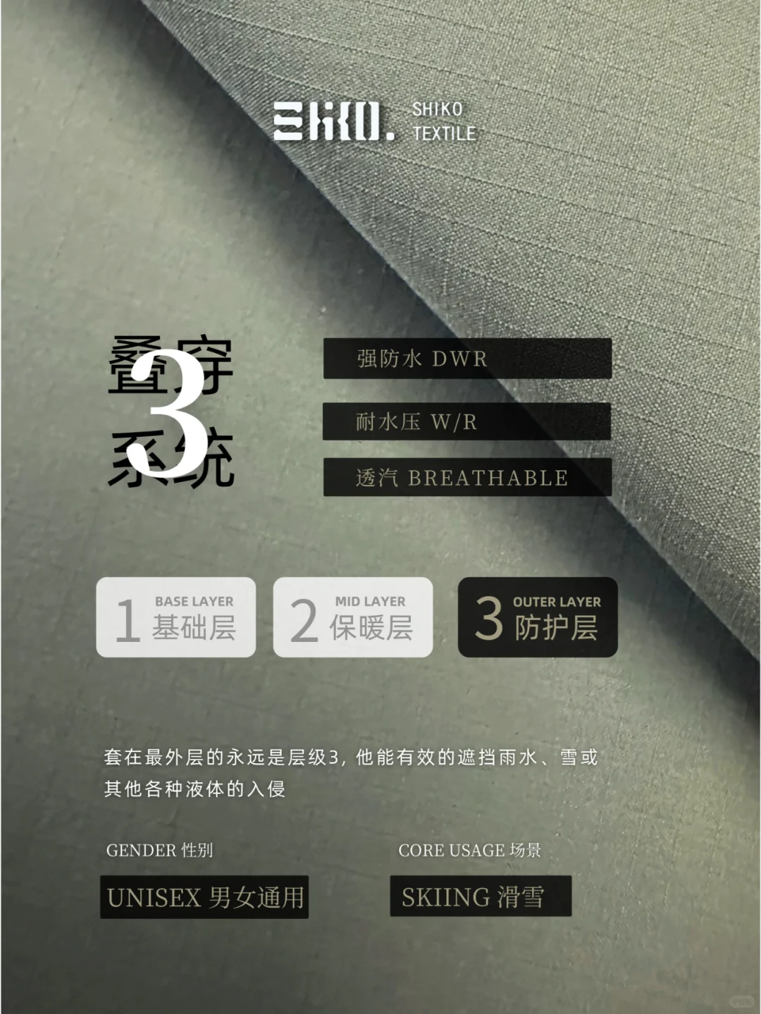 DWR强防水二分格户外专业冲锋衣滑雪服面料