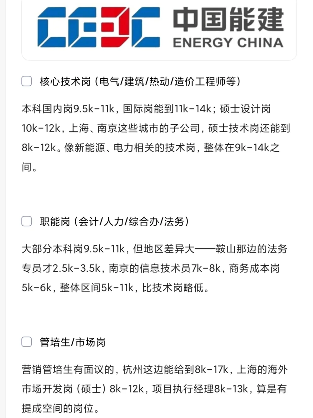 中国能建各岗位薪资待遇参考