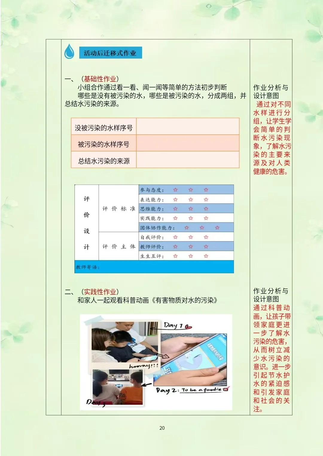 综合实践作业设计《节约用水和关注水污染》