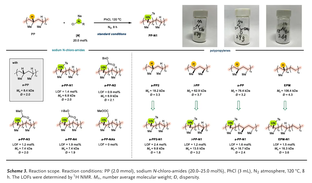 使用N-氯酰胺钠对聚丙烯进行C–H键胺化
