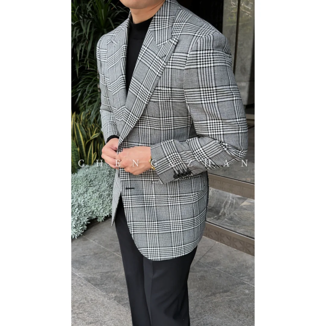 大牌同款经典格纹，舒适毛麻丝单西