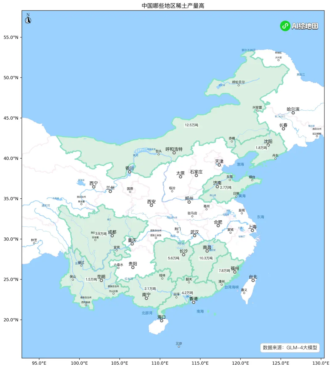 AI生成中国稀土产量地图