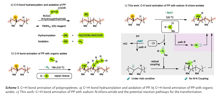 使用N-氯酰胺钠对聚丙烯进行C–H键胺化