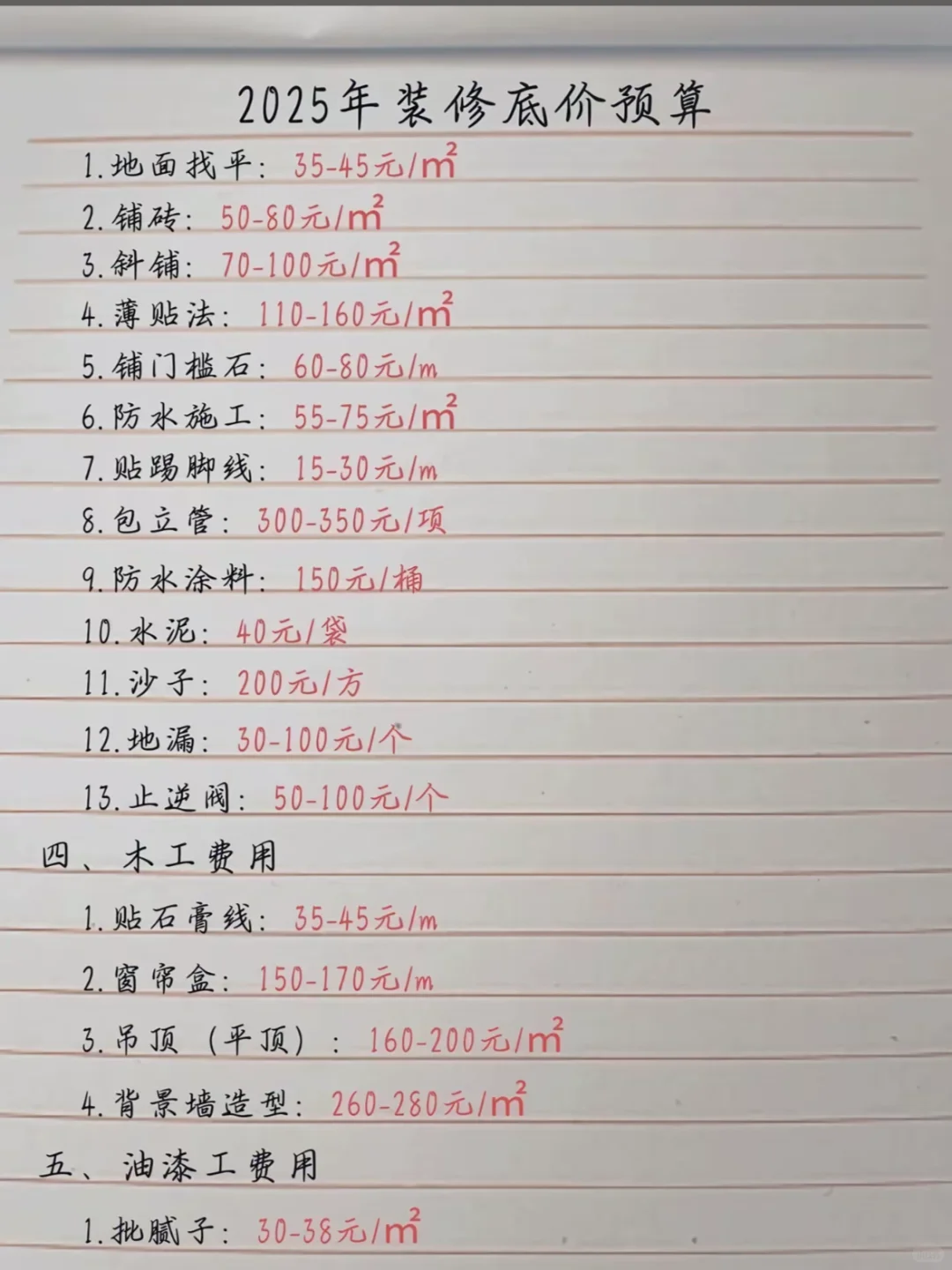 2025年装修报价表来啦，有需要的自取?