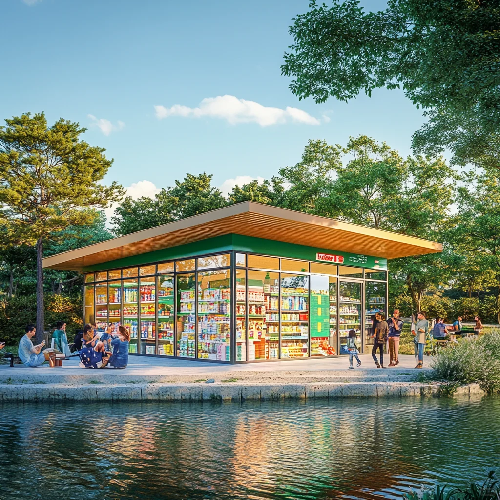 湖边玻璃屋便利店，城市便利和自然治愈