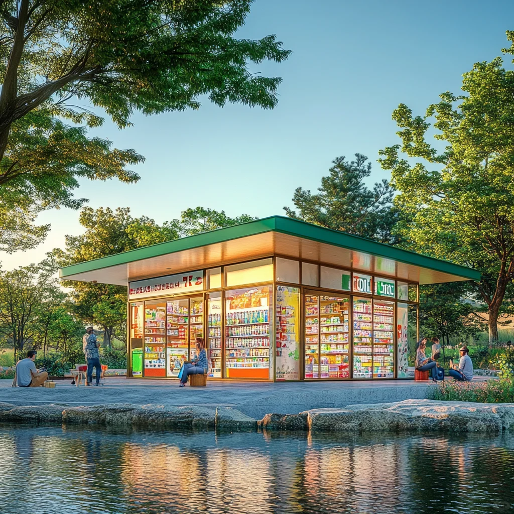 湖边玻璃屋便利店，城市便利和自然治愈