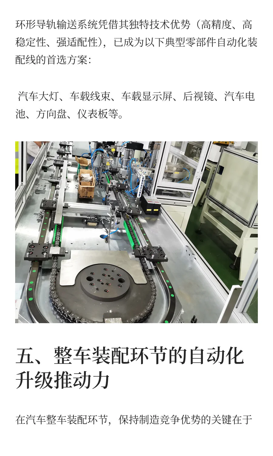 环形导轨输送系统汽车零部件自动化装配应用