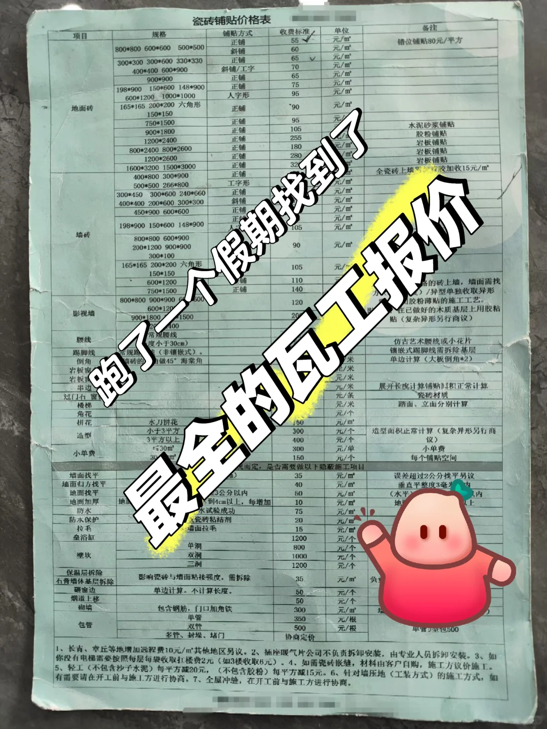 最全的瓦工报价