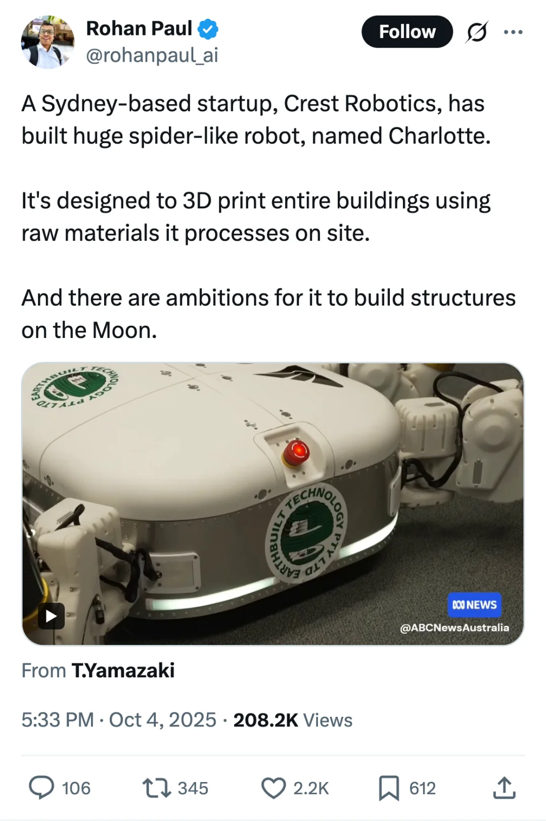 悉尼蜘蛛机器人要上月球盖房子