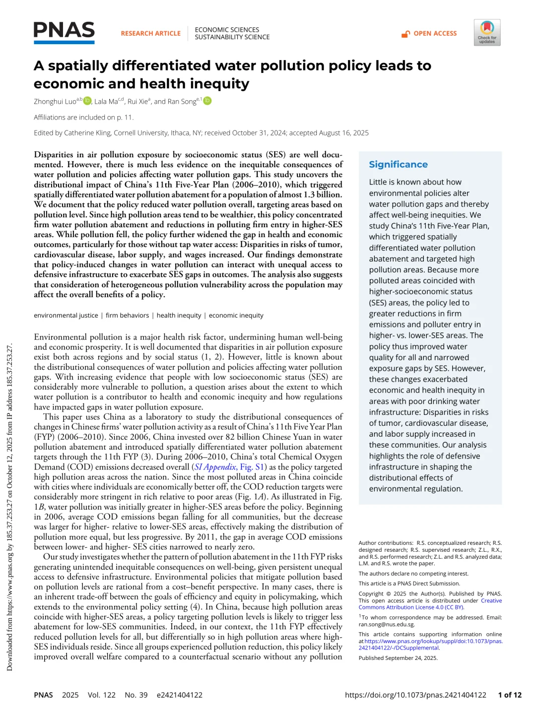 PNAS：中国水污染治理的意外后果