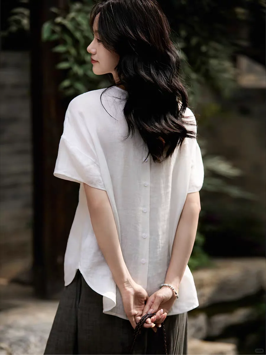 前短后长后系扣半袖上衣【附裁剪图】