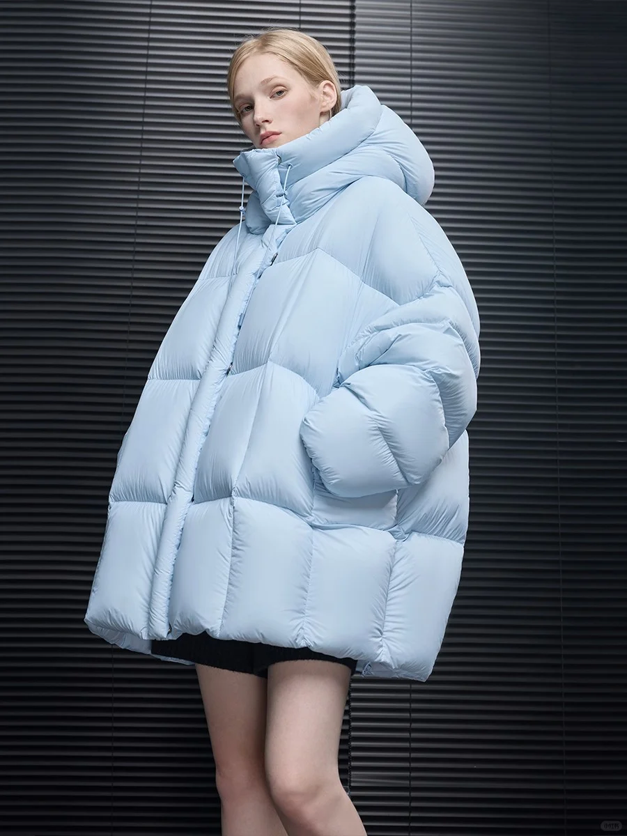 蓝色连帽加厚羽绒服